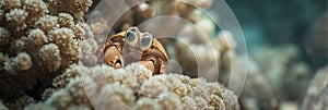 Shy crab with glossy eyes among soft coral formations. photo