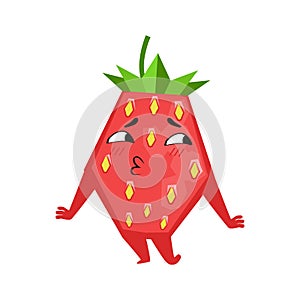 Shy funny strawberry. Cute cartoon emoji character vector Illustration