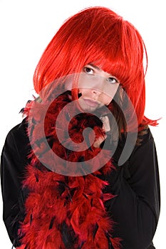 Shy girl in red wig.