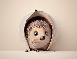 A shy Hedgehog poking its head out of a hole Cute creature. AI generation