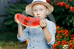 Shy little boy in a he holds a large slice of watermelon and hides his face outdoors. A cute boy in a straw hat is