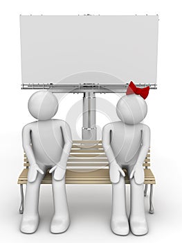 Shy man and woman on a bench with copyspace