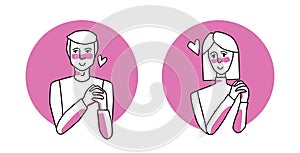 Shy man and woman with emotion of love circle icon, facial expression with gestures. Beloved people, expressing their amorous