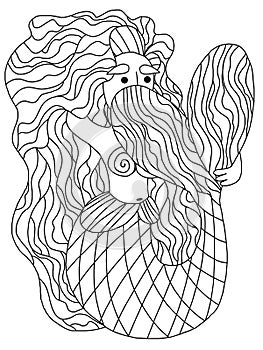 Shy mermaid with long hair coloring page.