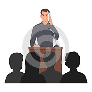 Shy young man sweating, feeling fear and anxiety during public speaking.