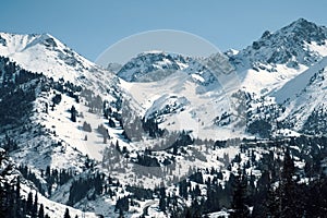 Shymbulak gorge and mountains with ski slopes. Winter mountains landscape.