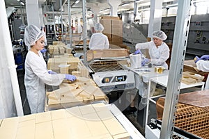 Shymkent, Kazakhstan - 03.12.2020 : Rakhat confectionery factory. Packaging of waffle sweets
