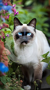 Siamese cat with blue eyes sitting in a flower garden.