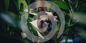 A siamese cat with blue eyes sitting in a plant. Generative AI image.