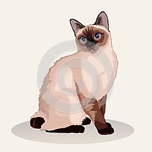 Siamese cat. Cat breed. Favorite pet. Lovely fluffy kitten with green eyes. Realistic vector illustration.