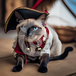 A Siamese cat dressed as a swashbuckling pirate, brandishing a tiny cutlass2