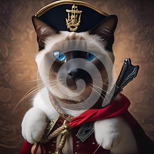 A Siamese cat dressed as a swashbuckling pirate, brandishing a tiny cutlass3