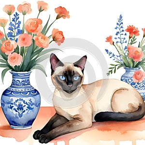 Siamese cat and flower arrangements