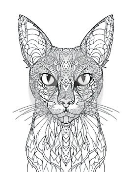 Siamese cat head, black white outline for coloring book page, AI generative coloring card