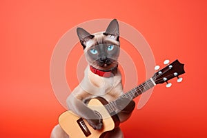 A Siamese Cat Holding A Guitar On A Red Background