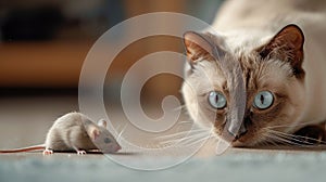 Siamese cat hunting to mouse at home, domestic young kitty face before pounce, portrait of happy pet playing with food in house.