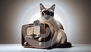 A Siamese cat leans on a classic radio