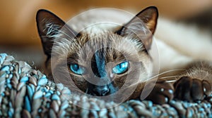 Siamese cat resting on, close up portrait