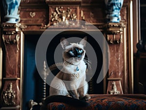 A siamese cat sitting on a chair in front of a fireplace. AI generative image.