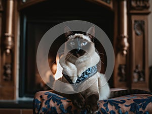 A siamese cat sitting on a pillow in front of a fireplace. AI generative image.