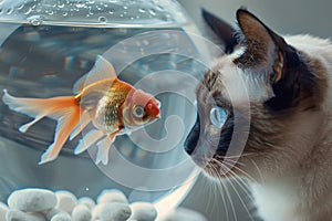 Siamese cat watching goldfish in fish bowl