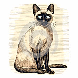 Siamese Cat Wood Engraving Illustration On Beige Background