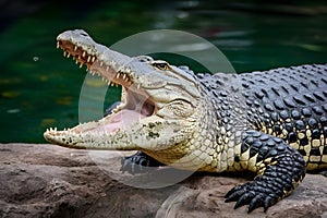 Siamese crocodile with open mouth, reptile behavior observation photo