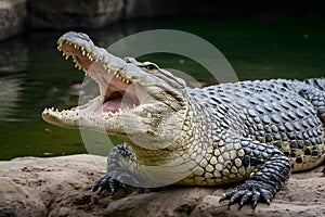 Siamese crocodile with open mouth, reptile behavior observation photo