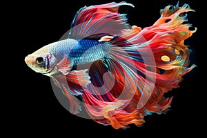 Siamese fighting fish swims under water with a lot of bubbles. Generative AI illustration.