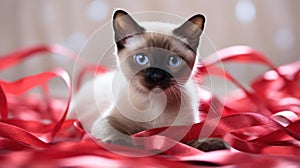 Siamese kitten with blue eyes and red ribbon on a light background Generative AI