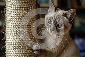 Siamese kitten playing with scratching post