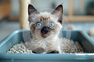 A Siamese kitten's striking blue eyes stand out as it sits in a litter box.