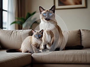 A Siamese purebred cat and kitten kitty sit side by side photo