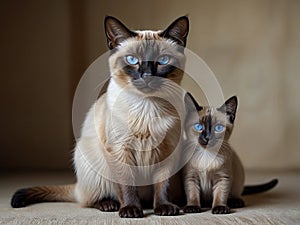 A Siamese purebred cat and kitten kitty with sit side by side