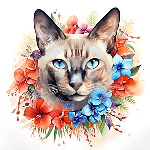 A siamese or wichienmaat cat head and beautiful tropical flowers on white background. Mammals. Pet. Animals.