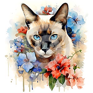 A siamese or wichienmaat cat head and beautiful tropical flowers on white background. Mammals. Pet. Animals.