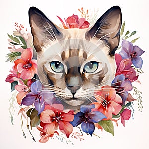 A siamese or wichienmaat cat head and beautiful tropical flowers on white background. Mammals. Pet. Animals. photo