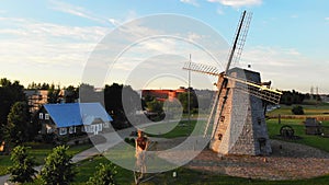 Siauliai, Lithuania - 1st july, 2021: Zoom in view historical old wooden windmill in Siauliai city