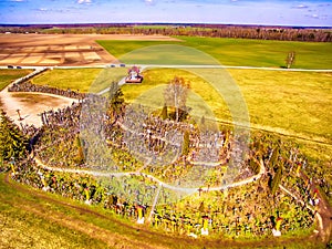 Siauliai , Lithuania: aerial above view of Hill of Crosses, Kryziu Kalnas.