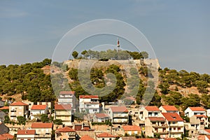 Sibenik cityscape with St. John`s fortress, Croatia