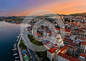 Sibenik, Croatia - Aerial view of the mediterranean old town of Sibenik on a sunny summer morning with Saint James Cathedral