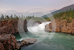 Siberia. Magic waterfall at Putorana plateau