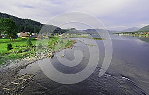 Siberia. The villages of Artibash and Yogach on different sides of the source of the Biya River from Teletskoye Lake