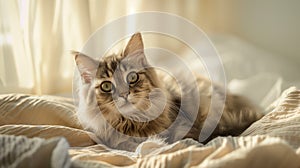 Siberian cat on bed at home, space for text. Fluffy pet. photo