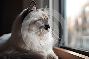 Siberian cat with blue eyes sitting on the window sill.