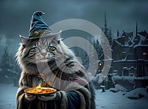 Siberian cat weariing a wizards heat in the snow at night