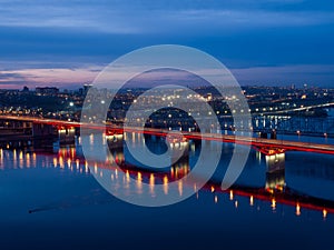 Siberian city of Krasnoyarsk. Night view from above on the Yenisei River and the Left Bank