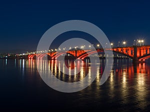 Siberian city of Krasnoyarsk. Night view of the Communal Bridge
