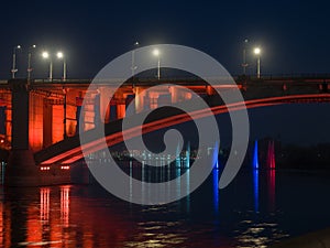 Siberian city of Krasnoyarsk. Night view of the Communal Bridge