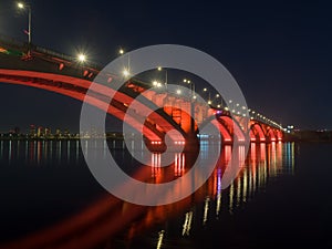 Siberian city of Krasnoyarsk. Night view of the Communal Bridge